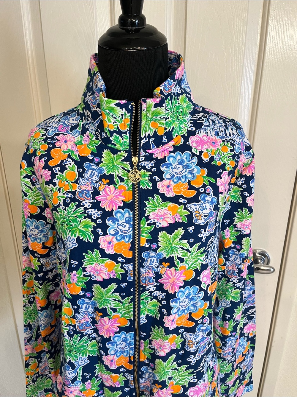 Lilly Pulitzer Navy Floral Bomber Jacket with Pink, Green & Orange Accents